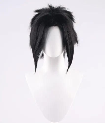 Vista 2 de Peluca negra corta y esponjosa para cosplay, Widow's Peak Bang (no estilizada)