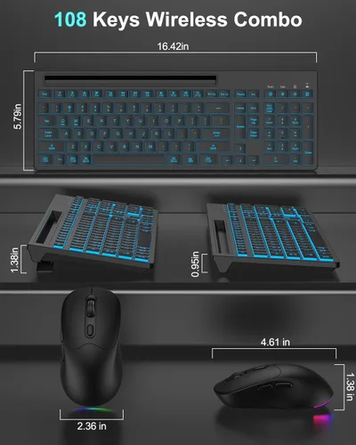 Vista 8 de Combo de teclado y mouse inalámbricos, 7 efectos retroiluminados, letras iluminadas, recargable, soporte para teléfono, mouse de 6 botones, ángulo