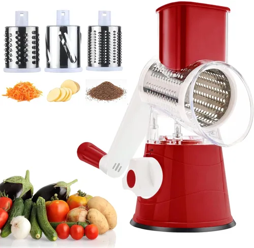 Vista 9 de Rallador de queso giratorio manual redondo para verduras, patatas y zanahorias, 3 rallador de queso intercambiable, rebanador de mandolina con base