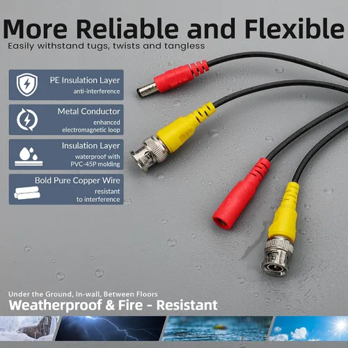 Vista 5 de ABLEGRID® Paquete de 4 cables de alimentación de video bnc de 100 pies para cámara de seguridad para sistema de vigilancia CCTV DVR