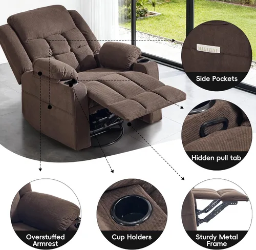 Vista 6 de Silla reclinable giratoria con masaje y calefacción, portavasos, sillón reclinable deslizante para adultos, tela suave, sala de estar, silla