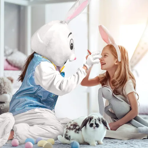 Vista 6 de Syhood Disfraz de conejo de Pascua para adultos, disfraz de conejo blanco, disfraz de mascota para hombres y mujeres, suministros de fiesta