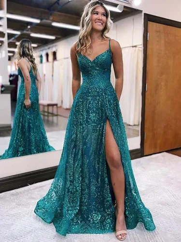 Vista 2 de Alikey Vestidos largos de encaje con lentejuelas y tirantes delgados, vestidos de noche con abertura y hombros descubiertos para mujer