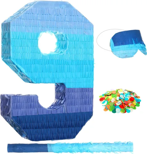 Vista 13 de Sratte Piñata Número 1 2 3 4 5 6 7 8 9 con Palo, Venda para los Ojos, Confeti, Piñata Azul Degradado para Niños y Niñas Fiestas de Cumpleaños