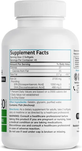 Vista 2 de Bronson Aceite de pescado Omega 3 de triple fuerza 2720 mg, alto contenido en EPA 1250 mg DHA 488 mg, sin OMG, probado para metales pesados, 90