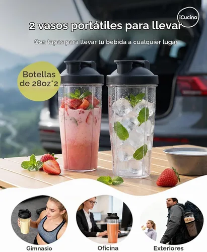 Vista 3 de ICUCINA - Vaso de licuadora de 28 onzas de repuesto con tapas para llevar, tazas para batidos de proteínas, vasos para batidos sin BPA (paquete de 2)