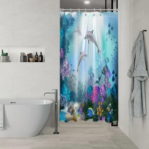 Vista 3 de Dolphin - Cortina de ducha pequeña de 48 x 68 pulgadas, forro de cortina de ducha de tamaño medio océano azul, cortina de ducha estrecha de peces