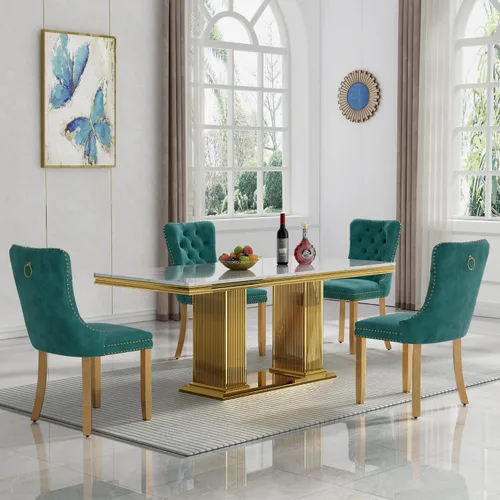 Vista 15 de Juego de mesa de comedor de mármol para 4, mesa de cocina rectangular de mármol negro de 68 pulgadas con base en H de acero inoxidable dorado, juego