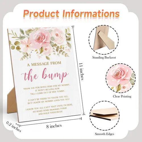 Vista 2 de Baby Shower Games a Message from The Bump - Cartel de juego para baby shower, 8 x 11 pulgadas, letrero de juego de madera floral, decoración de mesa