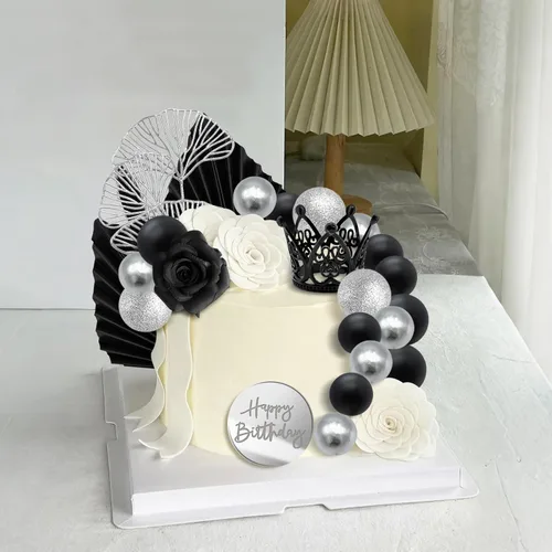 Vista 5 de Knana 25 bolas negras plateadas para decoración de tartas, corona de flores