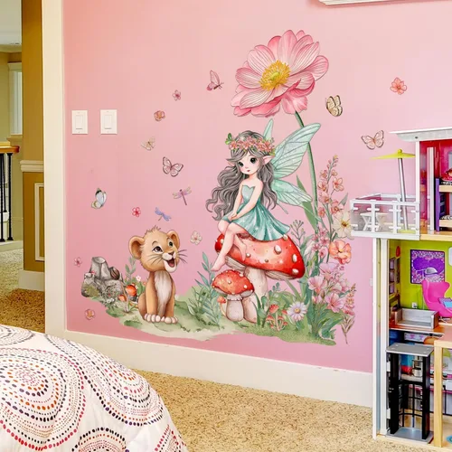 Vista 2 de 2 hojas de calcomanías de pared de hadas para dormitorio de niñas, murales de pared de flores, vinilo para despegar y pegar, calcomanías de pared