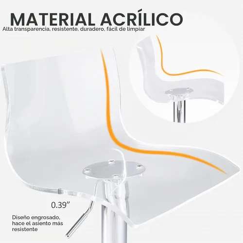 Vista 4 de Taburetes de bar acrílicos con respaldo medio, juego de 2 soportes giratorios ajustables transparentes