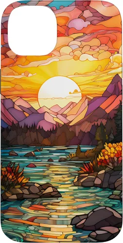 Vista 15 de iPhone 16 Sunset Stained Glass Mosaic Landscape Scene Case