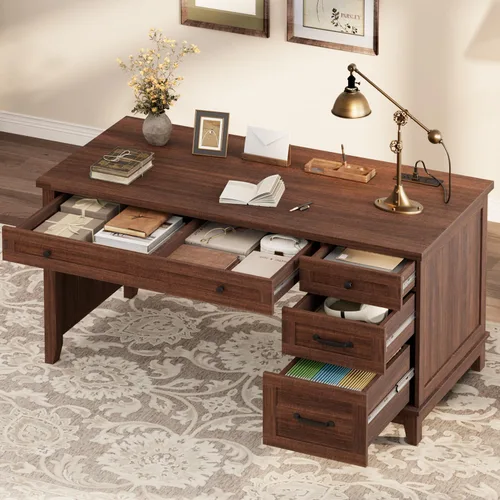 Vista 10 de GarveeHome Escritorio ejecutivo de granja con cajones, escritorio de oficina en casa de 53.54 pulgadas con estación de carga, escritorio de madera