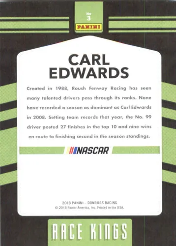 Vista 2 de 2018 Donruss Racing Race Kings #3 Carl Edwards Official NASCAR Trading Card