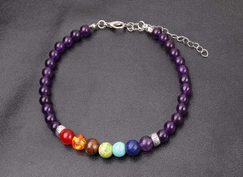 Vista 5 de REEBOOOR Tobillera de 7 chakras, regalo de yoga, tobillera de chakras, joyería bohemia de amatista, pulsera de tobillo curativa, meditación