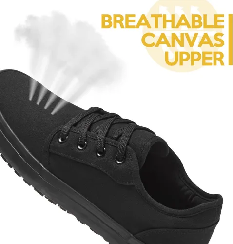 Vista 4 de Zapatos de trabajo de lona antideslizantes para hombres y mujeres, para servicio de alimentos, color negro, casual, resistente a las manchas y al