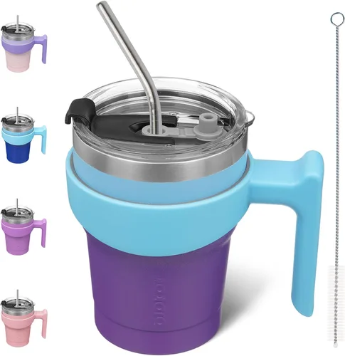 Vista 43 de BJPKPK Mini vaso de 10 onzas con tapa, popote y asa, taza de acero aislada
