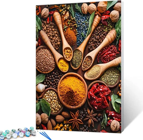Vista 11 de Variedad de especias y hierbas, kits de pintura por números con pinceles, condimentos de cocina, pintura al óleo acrílica para adultos y niños
