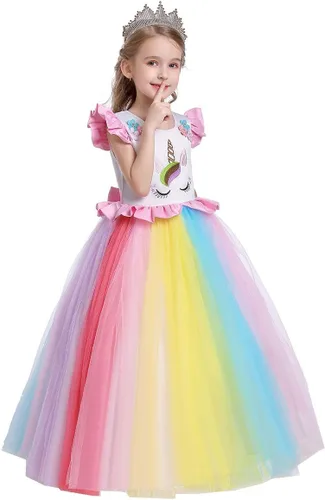 Vista 16 de MYRISAM - Vestido de unicornio de arcoíris para niña, tul largo, para boda, cumpleaños, princesa, carnaval, fiesta, baile, concurso, vestido de gala