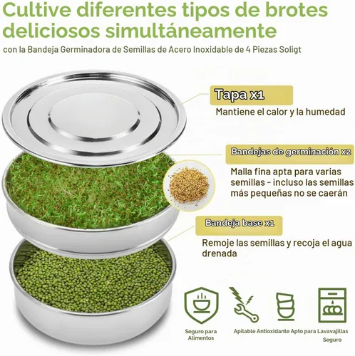 Vista 3 de SOLIGT Kit apilable de germinación de semillas de acero inoxidable, bandejas de germinación de malla de 2 niveles, 1 base y 1 tapa de cubierta