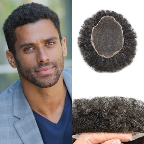 Vista 6 de Afro Toupee Hair Piece para hombres negros Encaje suizo completo Afro Hombres Toupee cabello humano rizado hombres onda unidades de cabello