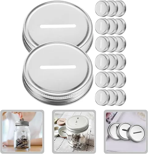 Vista 9 de Luxshiny 20 tapas para conservas, tapas de ranura para monedas para tarros de boca regular, tarros de ahorro de dinero, tapas ranuradas plateadas