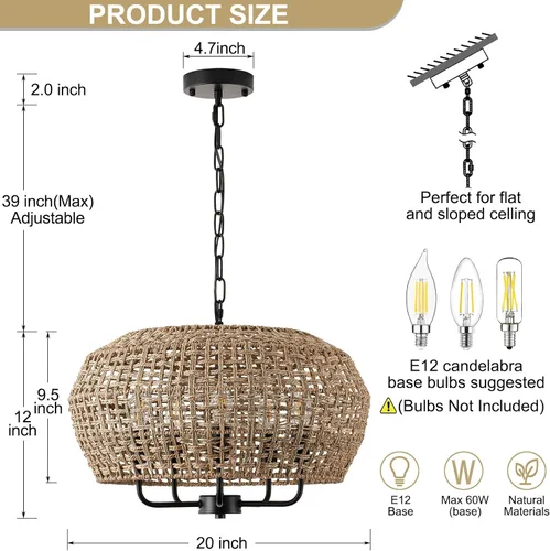 Vista 2 de Lámpara de araña de ratán bohemio de 20 pulgadas para comedor, 5 luces tejidas a mano de ratán natural con cadena ajustable, enchufes E12
