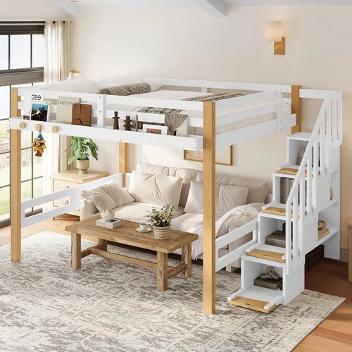 Vista 13 de Cama tipo loft de madera tamaño individual con escaleras, gancho para ropa Beige Natural
