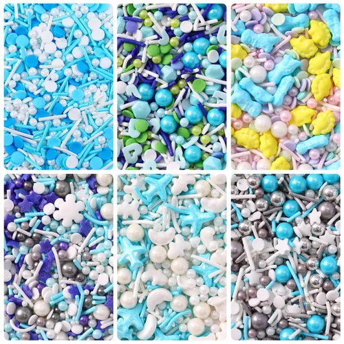 Vista 3 de Chispas para decoración de pasteles, cupcakes, galletas, cobertura para helado, 6 paquetes de chispas azules, chispas de copos de nieve de invierno