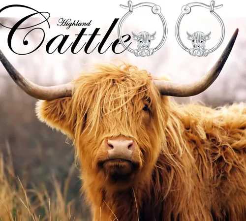 Vista 5 de Highland Cow Jewelry - Aretes de aro de plata de ley 925 con diseño de vaca de las montañas para mujeres, amantes de los animales, regalos