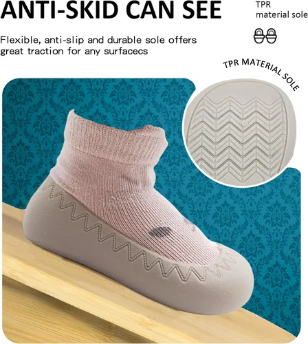 Vista 2 de SEBELLST Zapatos de calcetín para niña, suela de goma, antideslizantes, para interiores, zapatos de piso para primeros pasos, suela suave
