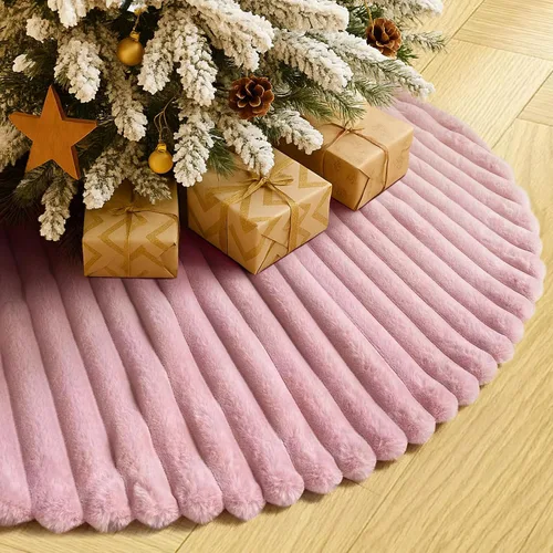 Vista 11 de Falda de Árbol de Navidad de 24 Pulgadas - Falda de Árbol de Piel Sintética Esponjosa Beige Blanca, Decoración Navideña de Felpa de Color Toka
