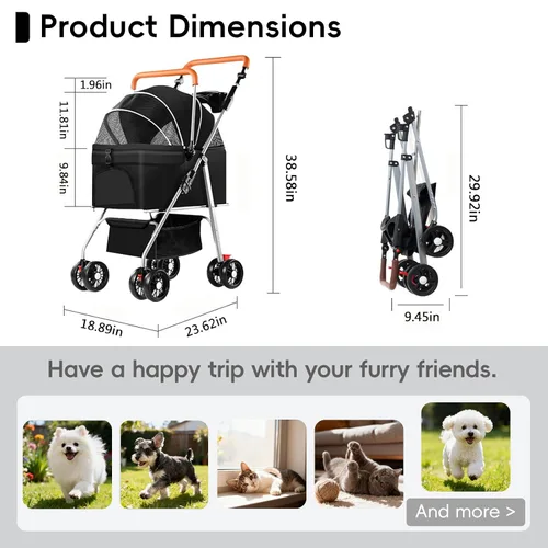 Vista 2 de YYW Cochecito para mascotas para perros y gatos pequeños, 3 en 1 plegable para gatitos, cachorros, carrito de paseo de viaje con portador extraíble