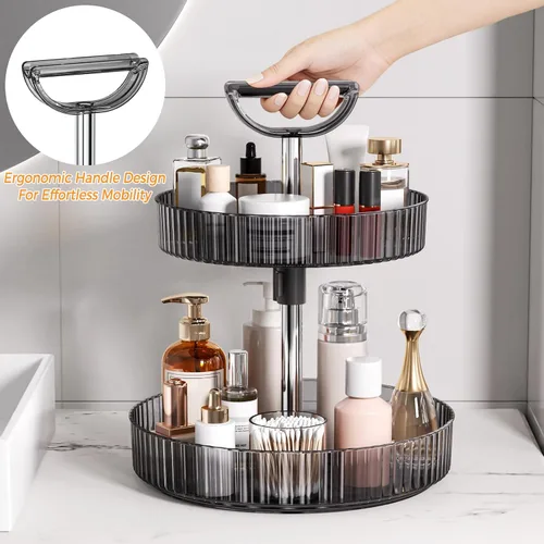 Vista 6 de Lazy Susan - Organizador giratorio de 360° de 2 niveles con asas de altura ajustable, organizador de especias para gabinetes, organizadores