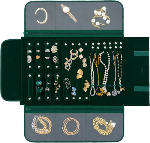Vista 11 de UnionPlus - Estuche de terciopelo para joyería de viaje, bolsa enrollable para collares, pulseras, gran organizador de joyas para viajes, multi Beige