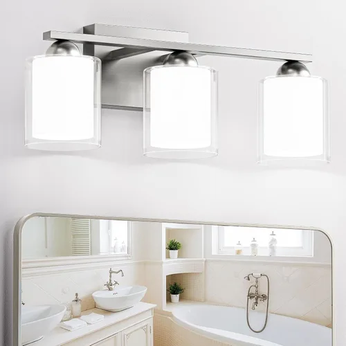 Vista 30 de Quntis Lámparas de baño de níquel cepillado con 5 modos de color, lámpara de tocador de baño moderna regulable de 3 luces sobre espejo, lámpara