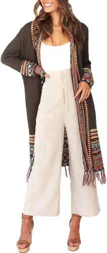 Vista 5 de Misassy Cárdigan largo bohemio con frente abierto para mujer, suéter suelto de manga larga con borlas bordadas, kimono, plumero para exteriores