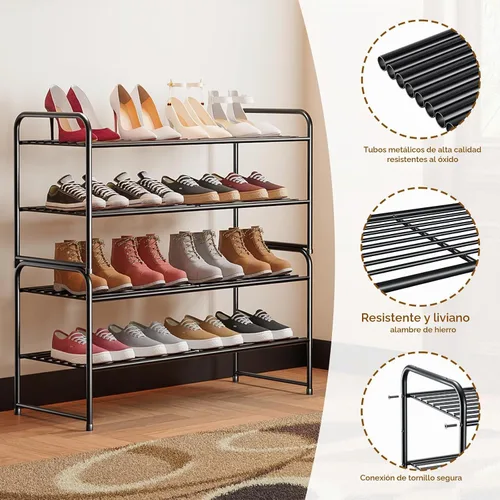 Vista 6 de Zapatero estándar de 2 niveles de 32.5 pulgadas de ancho, organizador de zapatos independiente para interiores y exteriores, estante de metal Negro
