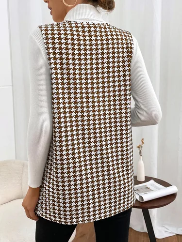 Vista 2 de WDIRARA Chaleco elegante sin mangas con pata de gallo abierto para mujer, abrigo largo