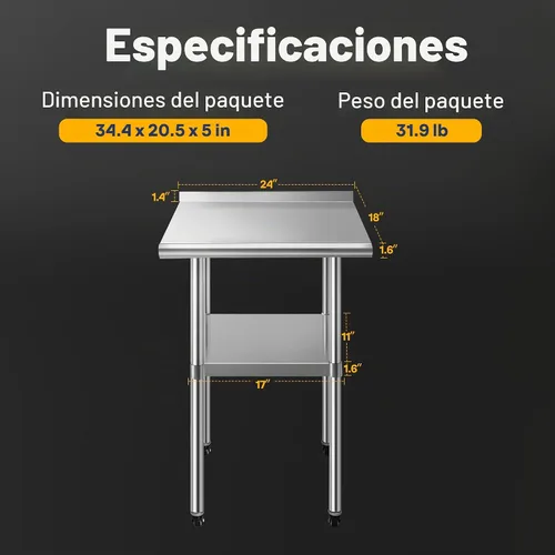 Vista 6 de VIVOHOME - Mesa de trabajo de acero inoxidable de 24 x 18 pulgadas con protector contra salpicaduras y ruedas