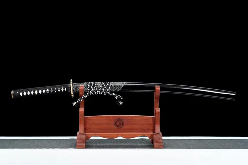 Vista 2 de Espada JIHPEN, Katana negra, espada samurái de espiga completa, afilada, hoja de acero de resorte con vaina negra - 41 pulgadas, variedad de estilos