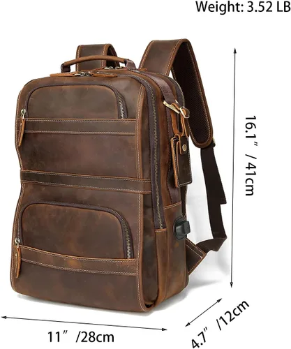 Vista 6 de LANNSYNE Mochila de cuero genuino vintage para hombres 15.6 pulgadas portátil bolsa de noche fin de semana camping mochila, Marrón, Mochilas