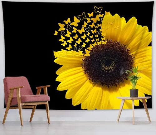 Vista 30 de LB Tapiz de bandera estadounidense de girasoles, tapiz con cita inspiradora, tapiz para colgar en la pared, tapiz floral negro y amarillo, tapices