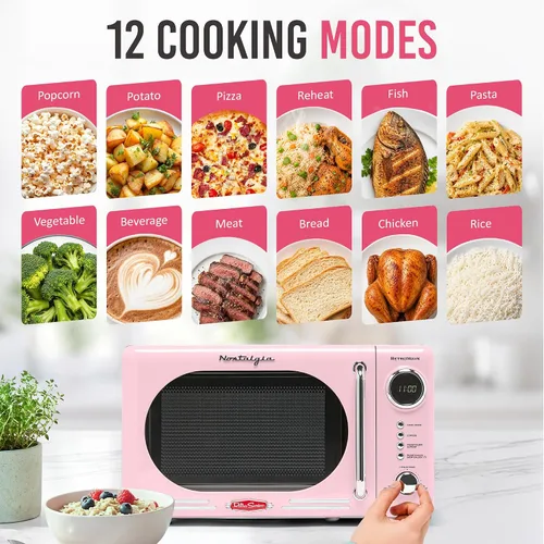 Vista 4 de Nostalgia Horno microondas para encimera con interior fácil de limpiar, microondas retro con pantalla LED y bloqueo para niños, horno compacto