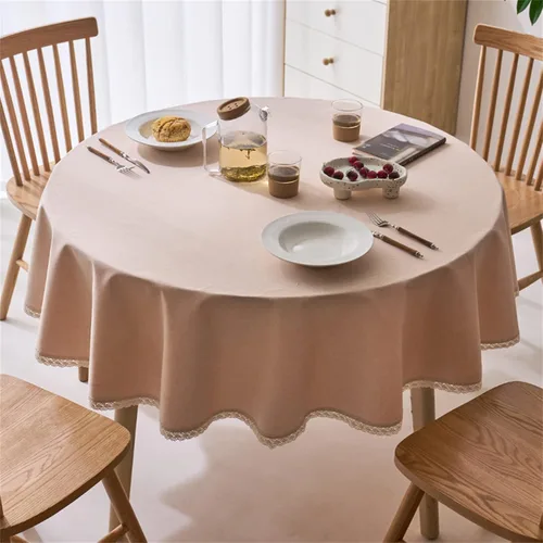 Vista 2 de Dimatic Mantel redondo con textura de lino con ribete de encaje, impermeable, a prueba de derrames, para decoración de mesa de cocina, comedor, Beige