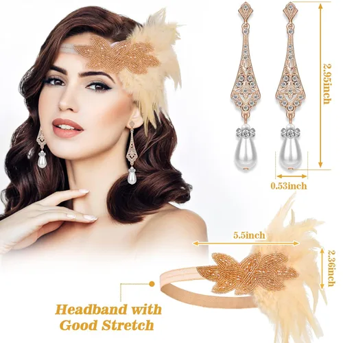 Vista 2 de cridoz Accesorios de flapper para mujer, accesorios de flapper de los años 20, accesorios de Gatsby de los años 20, accesorios para mujer (beige)