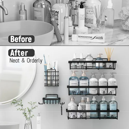 Vista 6 de Liuoud Shower Caddy 5 Pack XL-Size Adhesive Stainless Steel Organizer XL Capacity, With Strong Adhesive, Rustproof, No Drilling Wall Mount Shelvs