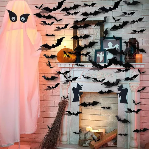 Vista 6 de 120 piezas de decoración de murciélagos de Halloween, calcomanías de murciélago 3D para interiores y exteriores, decoración del hogar, calcomanías