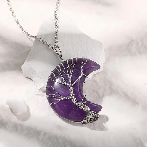 Vista 3 de Jeulia Collar de piedra de cristal curativo colgante de luna creciente envuelto en alambre de árbol de la vida, piedra preciosa natural, cristal